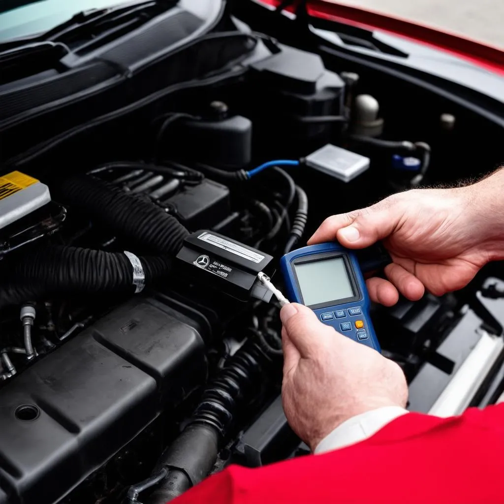 A mechanic using a diagnostic tool on a Mercedes Benz